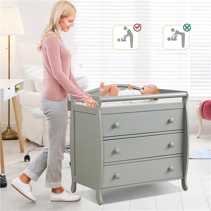Baby Changing Table, 3 Drawers, Safety Belt, Gray - Image 3