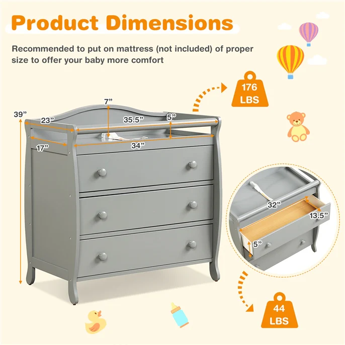 Baby Changing Table, 3 Drawers, Safety Belt, Gray - Image 6