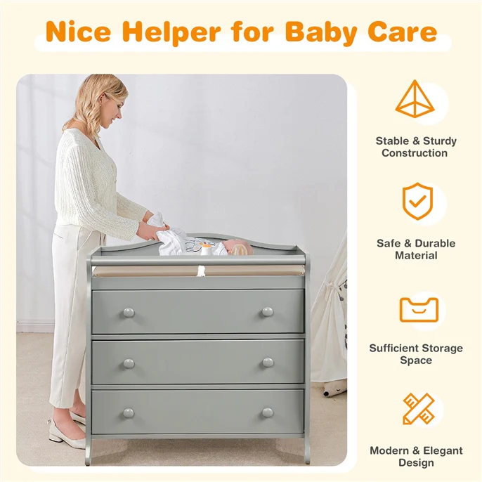 Baby Changing Table, 3 Drawers, Safety Belt, Gray - Image 9