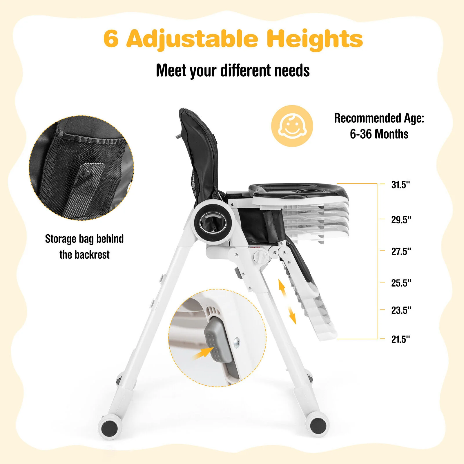 Baby High Chair, Foldable Feeding Chair, 4 Lockable Wheels, Black - Image 10