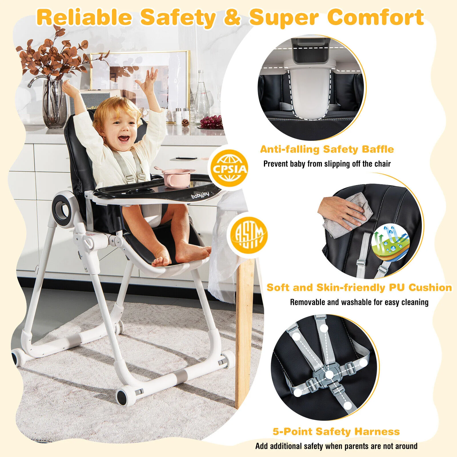 Baby High Chair, Foldable Feeding Chair, 4 Lockable Wheels, Black - Image 3