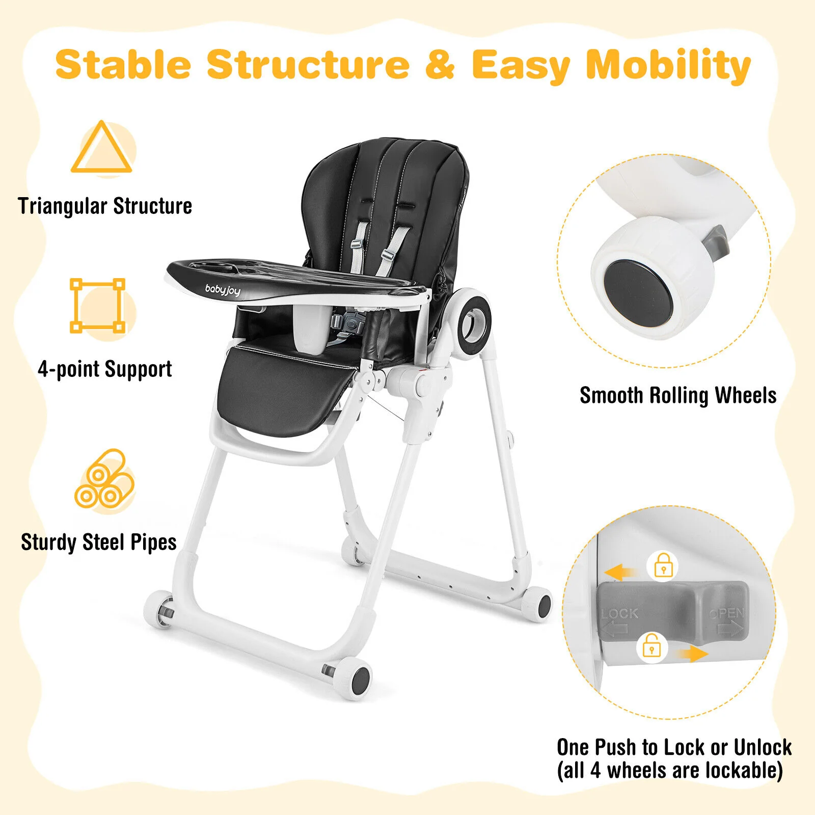 Baby High Chair, Foldable Feeding Chair, 4 Lockable Wheels, Black - Image 6