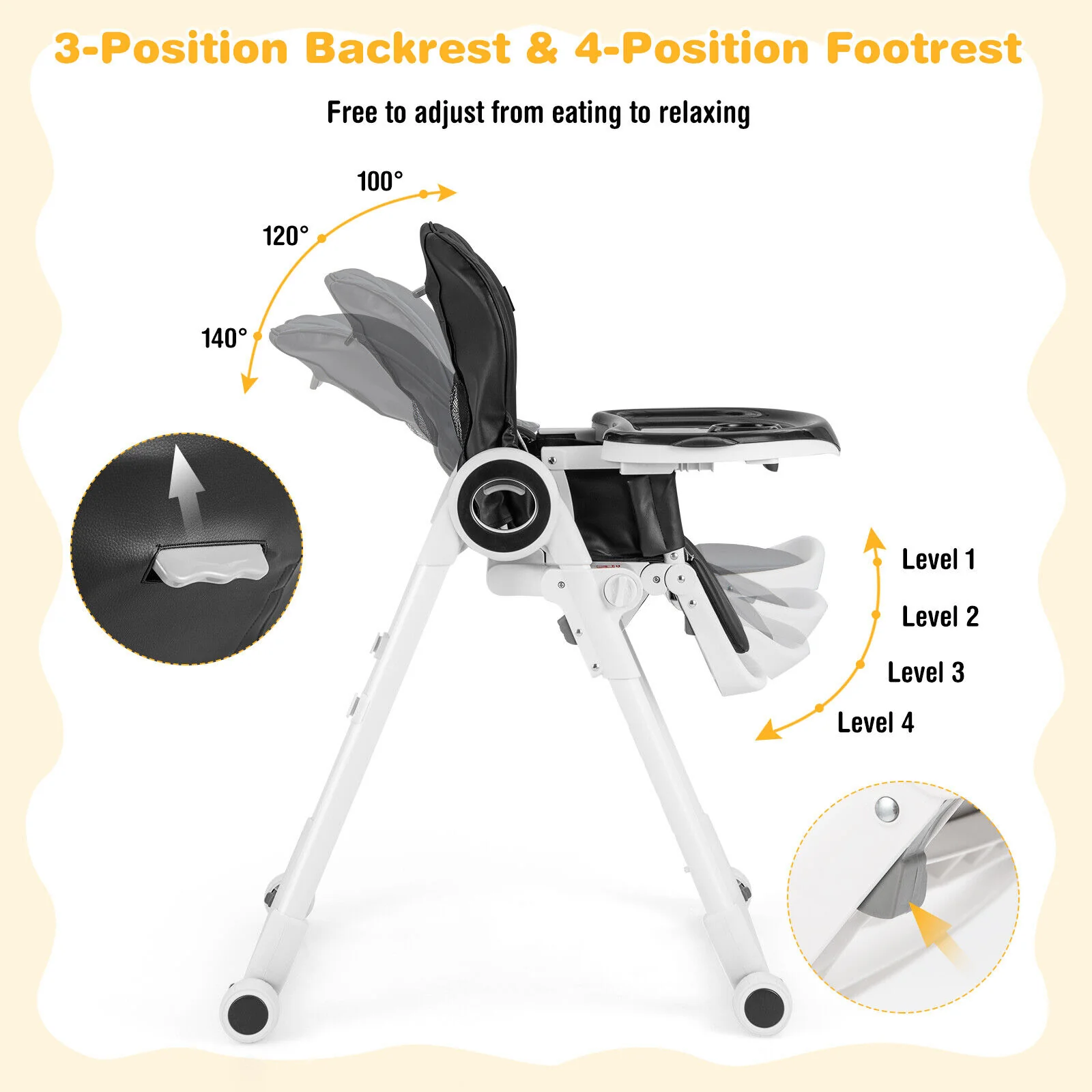 Baby High Chair, Foldable Feeding Chair, 4 Lockable Wheels, Black - Image 9