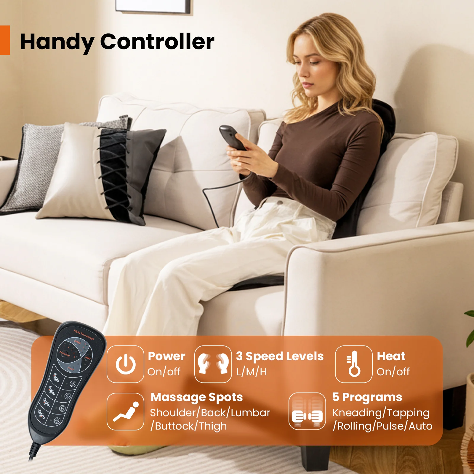 Back Massager Seat Cushion with Heat and 10 Vibration Motors for Pain Relief, Black - Image 7
