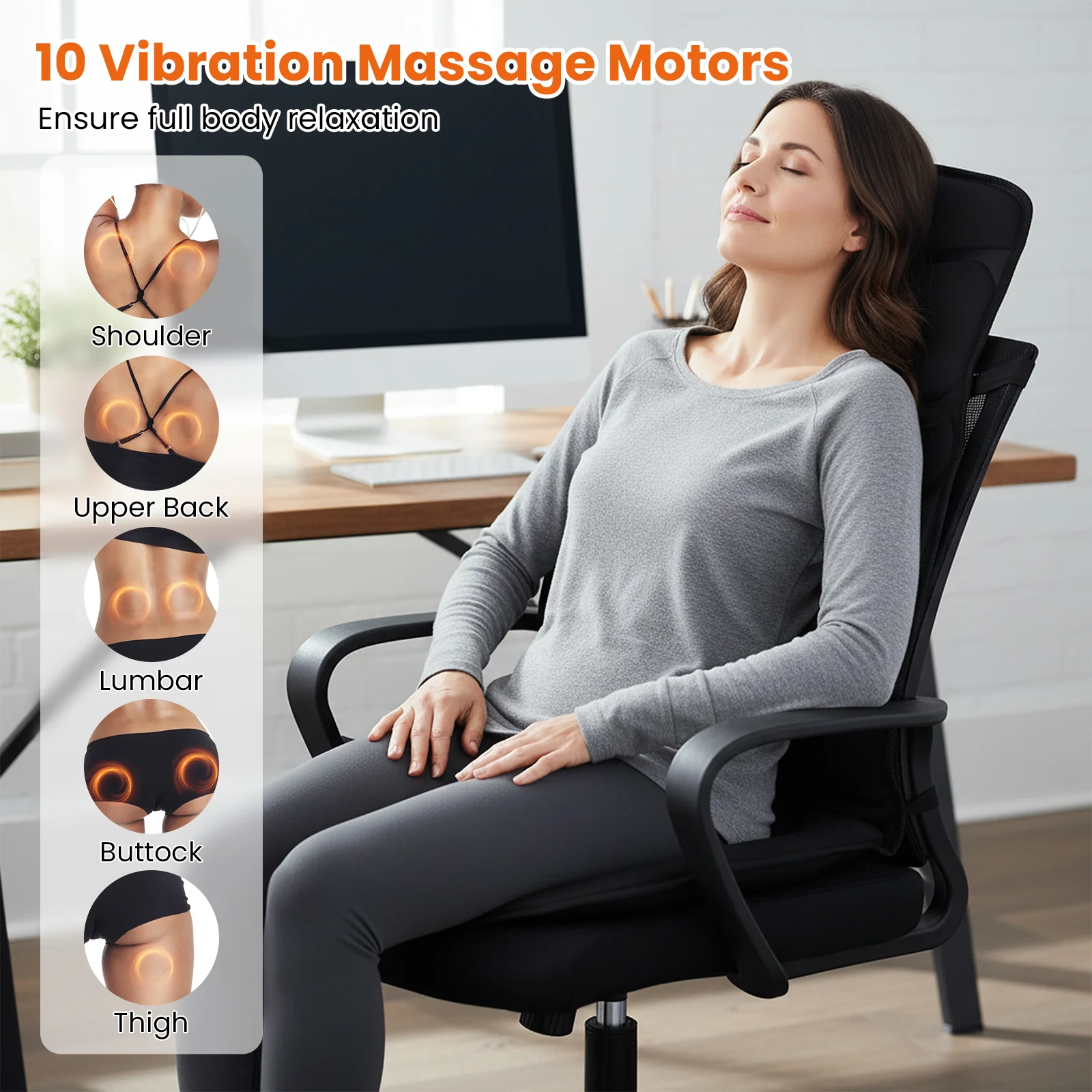 Back Massager Seat Cushion with Heat and 10 Vibration Motors for Pain Relief, Black - Image 9