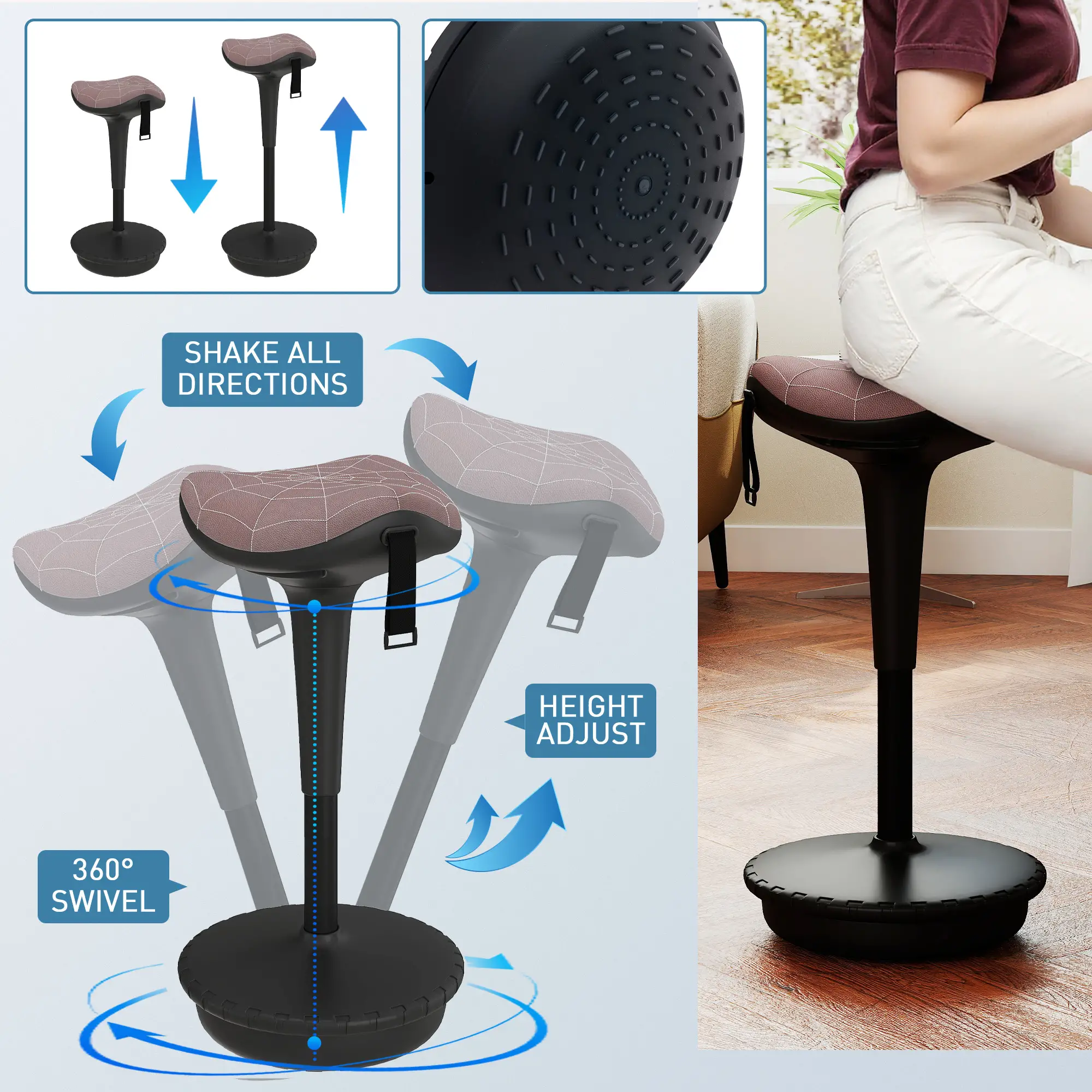 Backless Wobble Stool, Adjustable Standing Desk Chair, Brown - Image 4