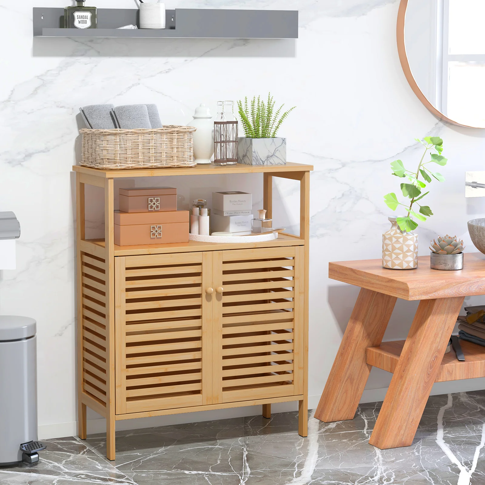 Bamboo Bathroom Storage Cabinet, Shutter Doors, Natural - Image 2