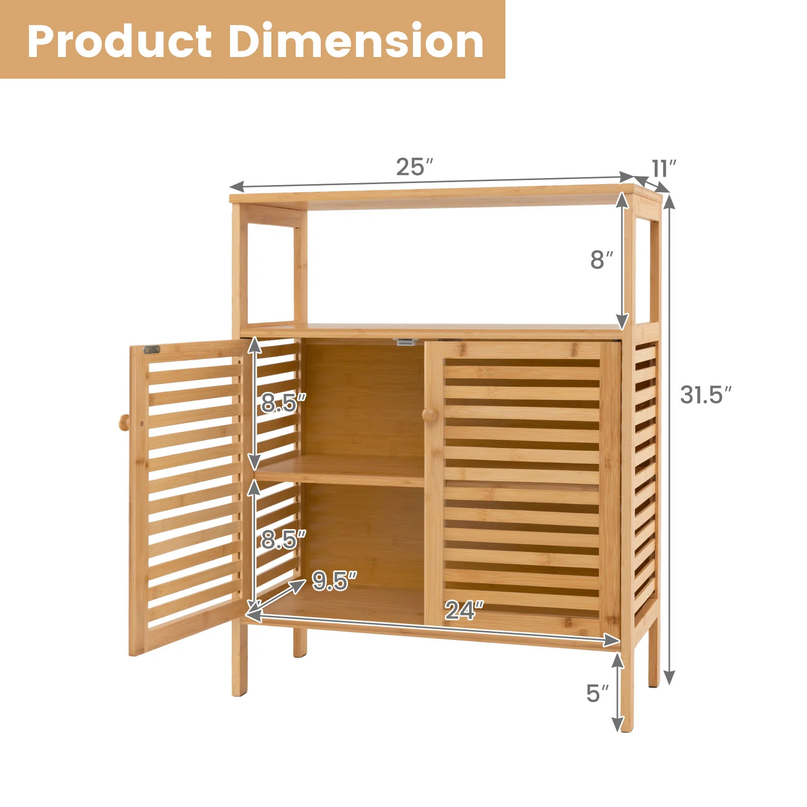 Bamboo Bathroom Storage Cabinet, Shutter Doors, Natural - Image 6