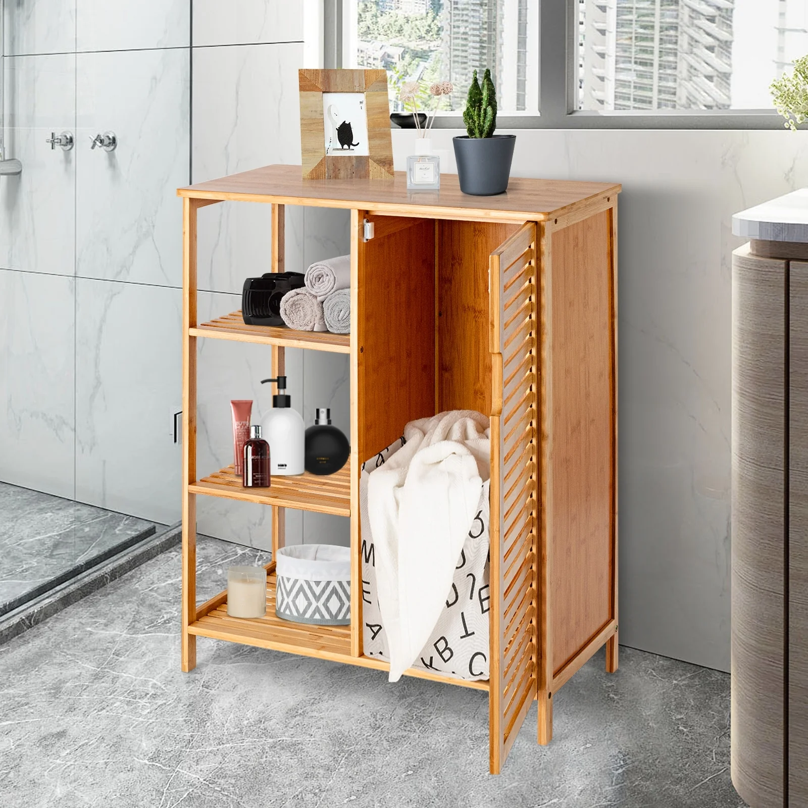 Bamboo Bathroom Storage Cabinet, Single Door, Natural - Image 3