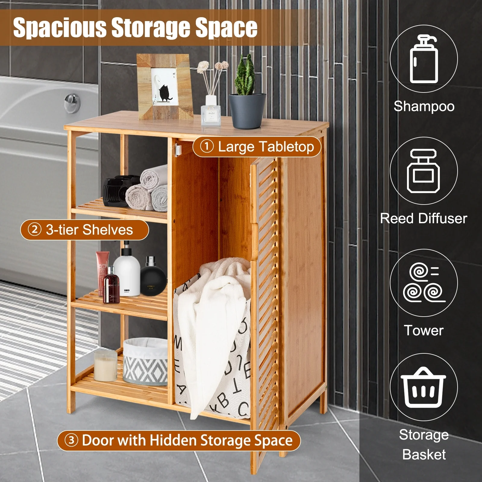 Bamboo Bathroom Storage Cabinet, Single Door, Natural - Image 7