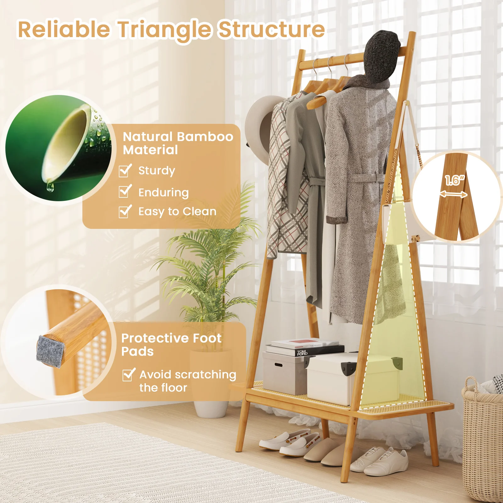 Bamboo Clothes Rack, Hanging Rod, Rattan Shelf, Copper Hooks, Natural - Image 10