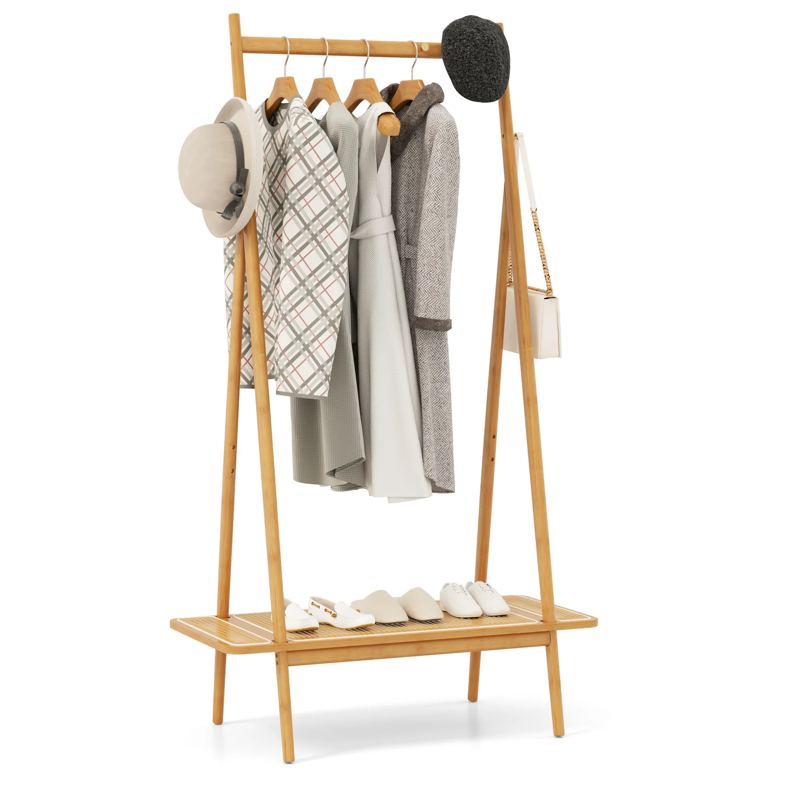 Bamboo Clothes Rack, Hanging Rod, Rattan Shelf, Copper Hooks, Natural - Image 5