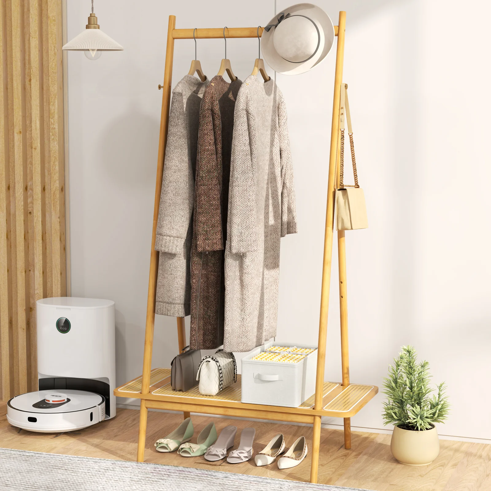 Bamboo Clothes Rack, Hanging Rod, Rattan Shelf, Copper Hooks, Natural - Image 8