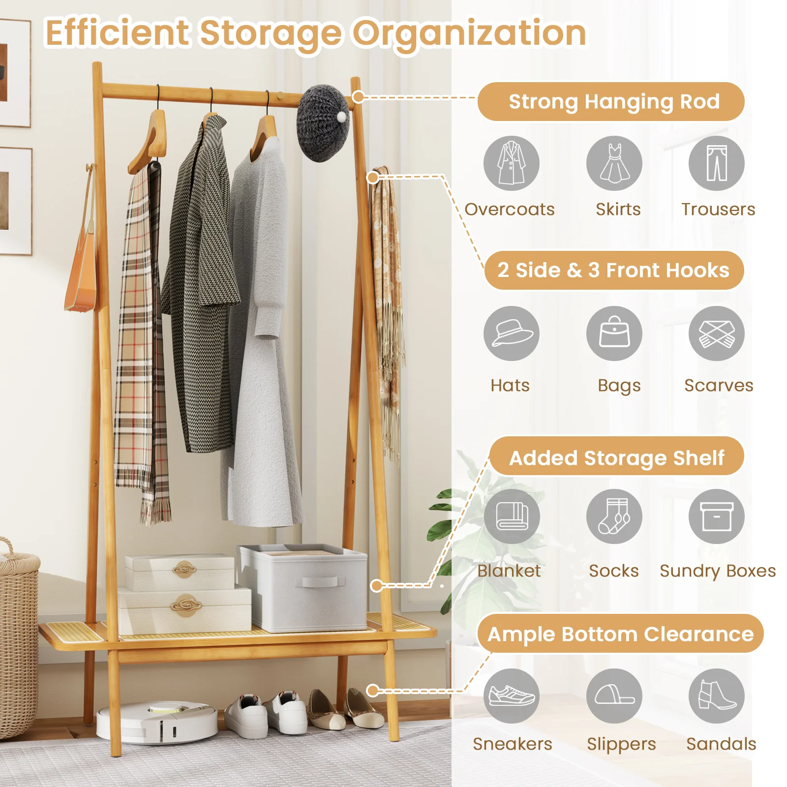 Bamboo Clothes Rack, Hanging Rod, Rattan Shelf, Copper Hooks, Natural - Image 9