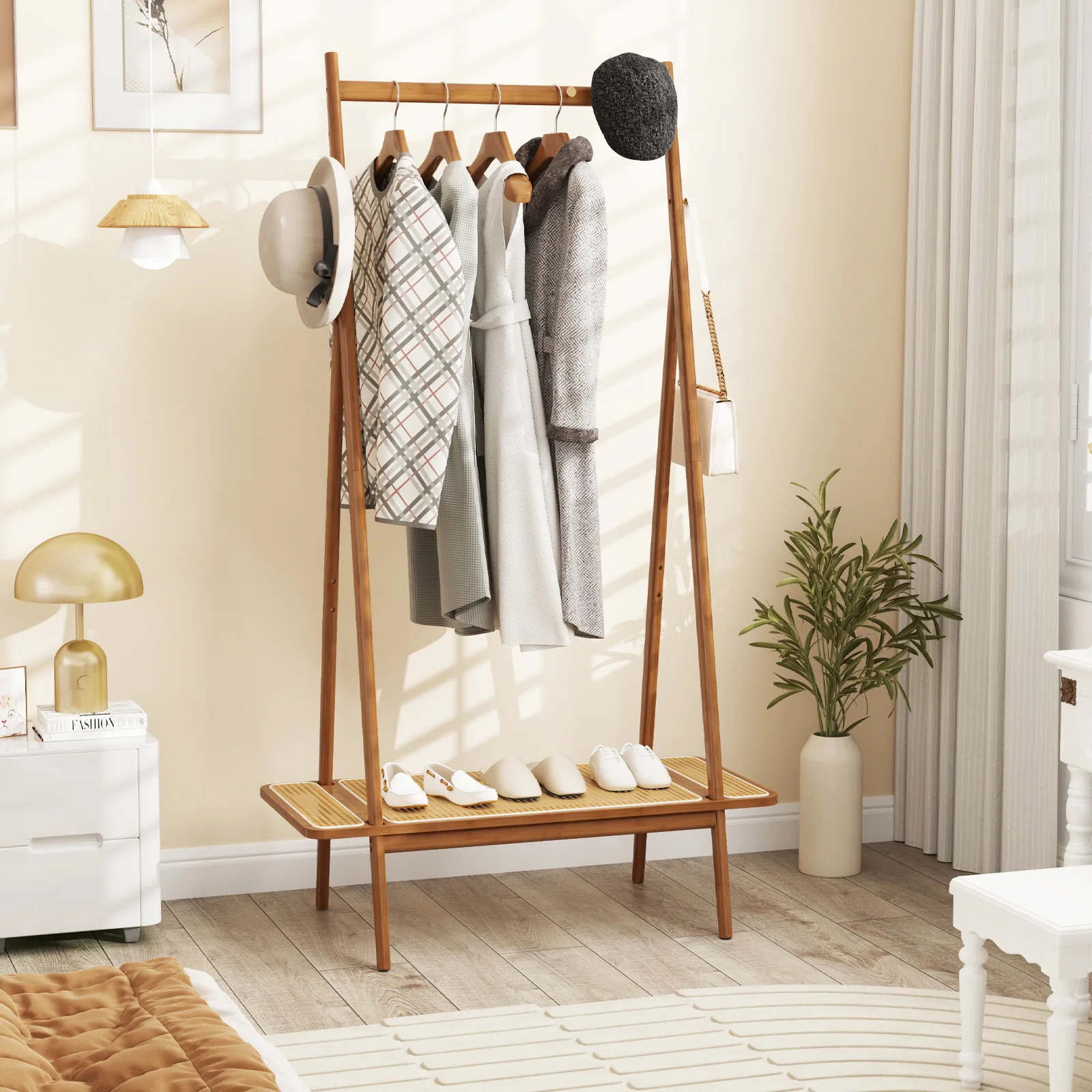 Bamboo Clothes Rack With Hanging Rod, Rattan Shelf, Copper Hooks, Brown - Image 3