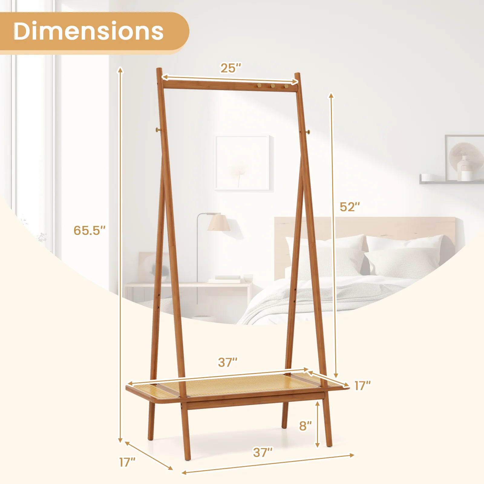 Bamboo Clothes Rack With Hanging Rod, Rattan Shelf, Copper Hooks, Brown - Image 6