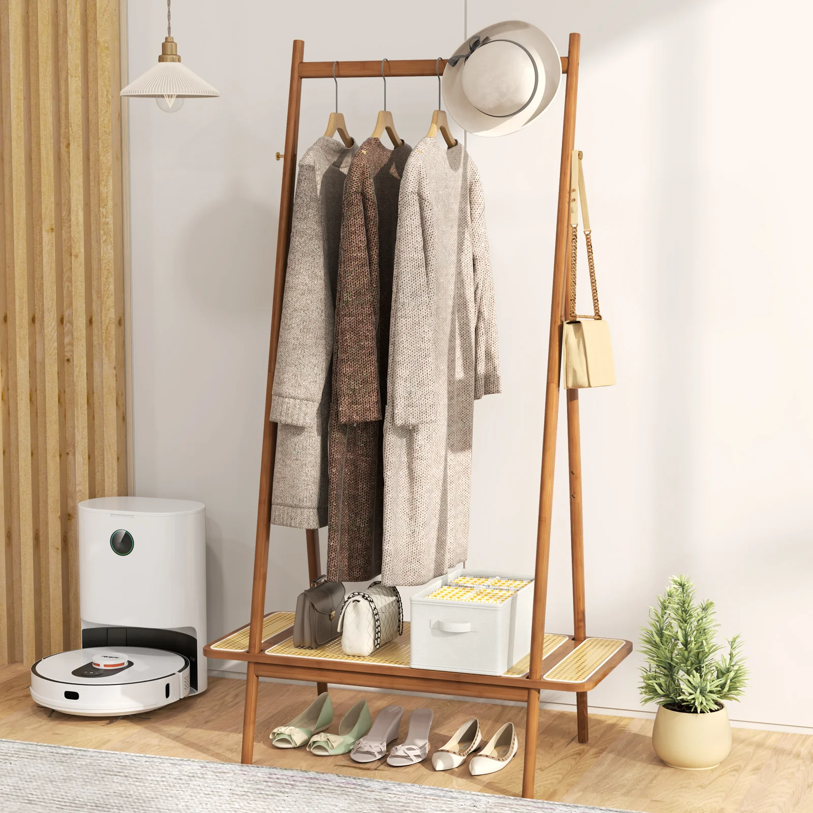 Bamboo Clothes Rack With Hanging Rod, Rattan Shelf, Copper Hooks, Brown - Image 8