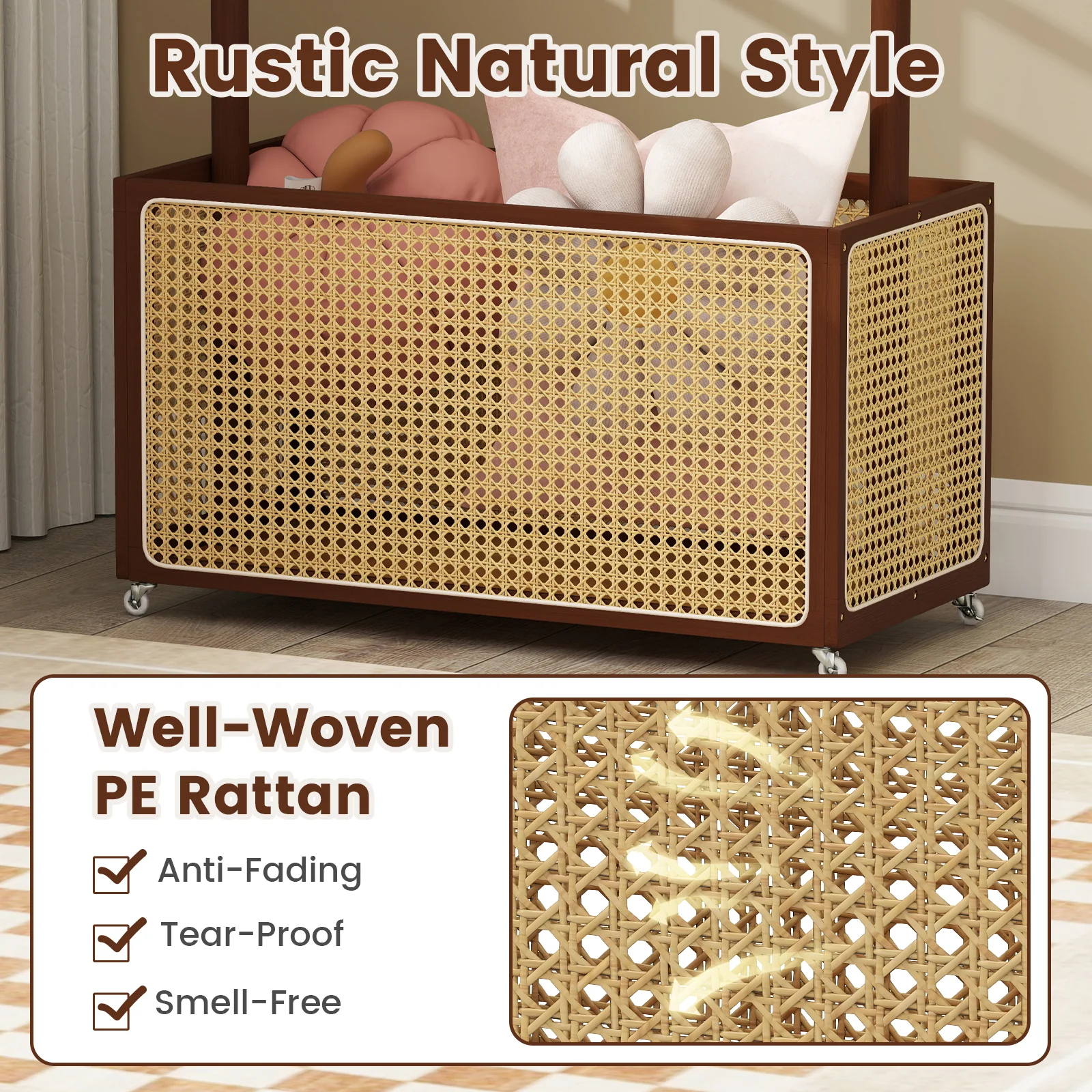 Bamboo Clothes Rack With Rattan Storage Basket, Wheels, Brown - Image 10