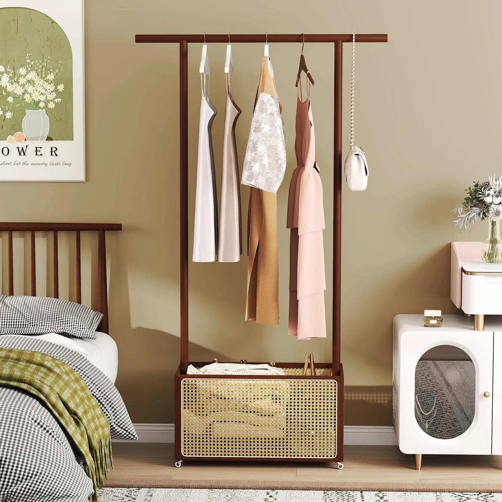 Bamboo Clothes Rack With Rattan Storage Basket, Wheels, Brown - Image 3