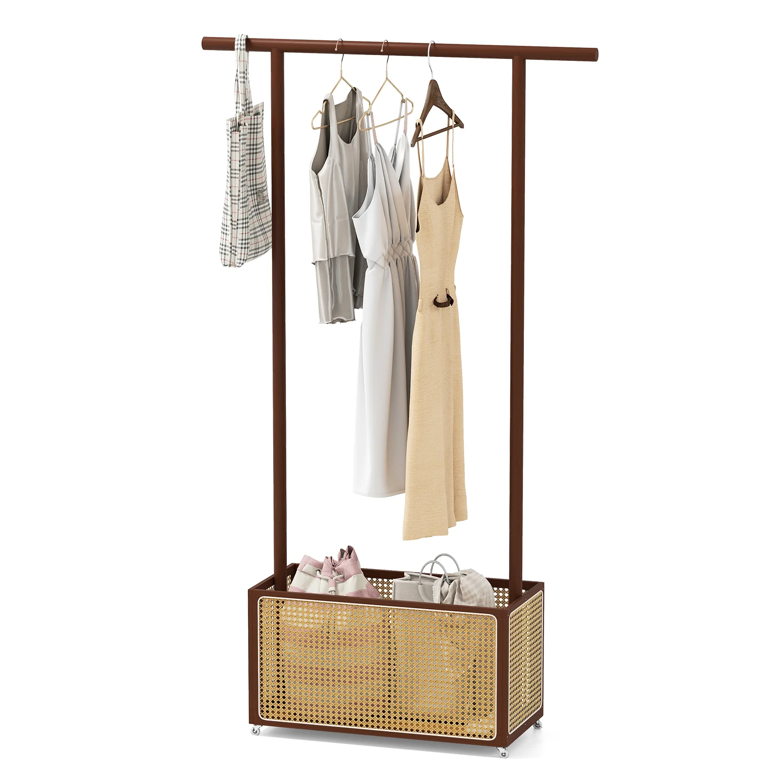 Bamboo Clothes Rack With Rattan Storage Basket, Wheels, Brown - Image 4