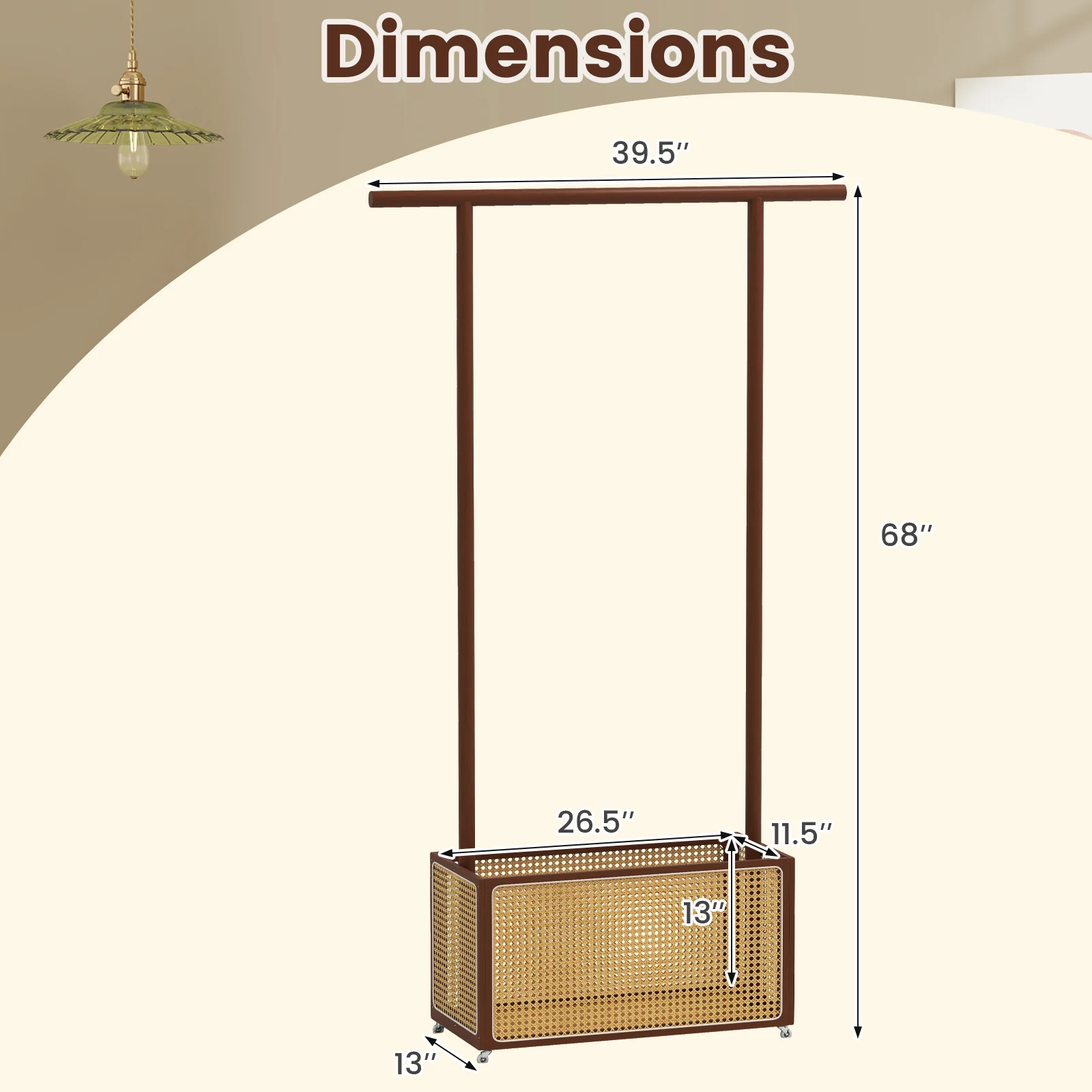 Bamboo Clothes Rack With Rattan Storage Basket, Wheels, Brown - Image 5