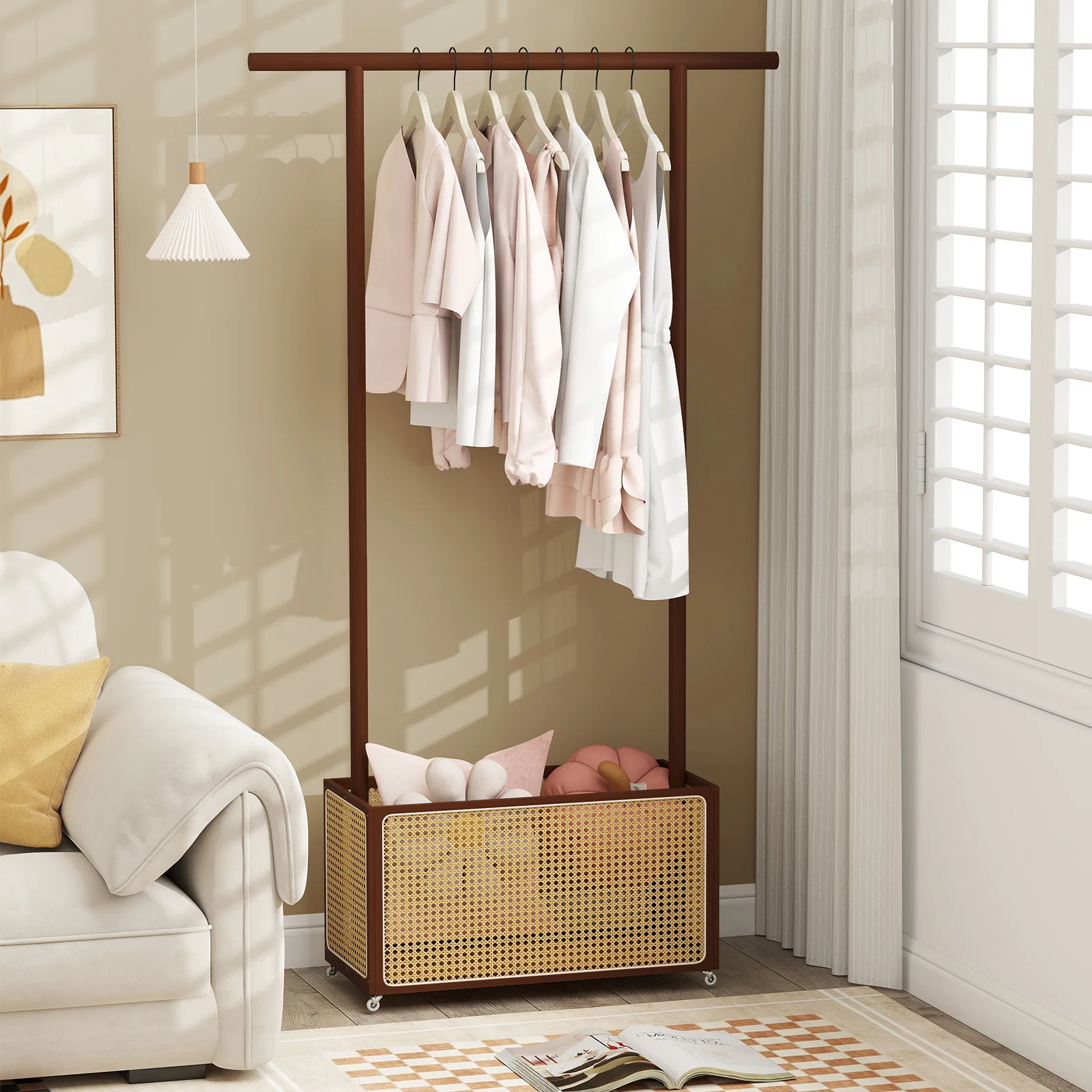Bamboo Clothes Rack With Rattan Storage Basket, Wheels, Brown - Image 6