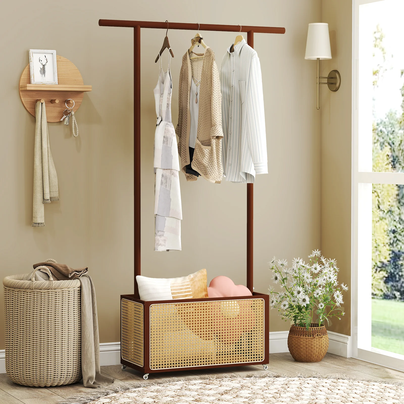 Bamboo Clothes Rack With Rattan Storage Basket, Wheels, Brown - Image 7