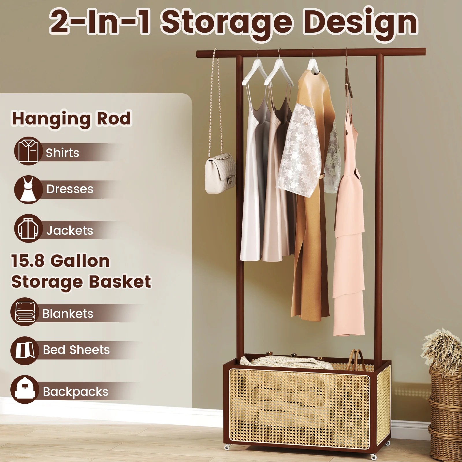Bamboo Clothes Rack With Rattan Storage Basket, Wheels, Brown - Image 8