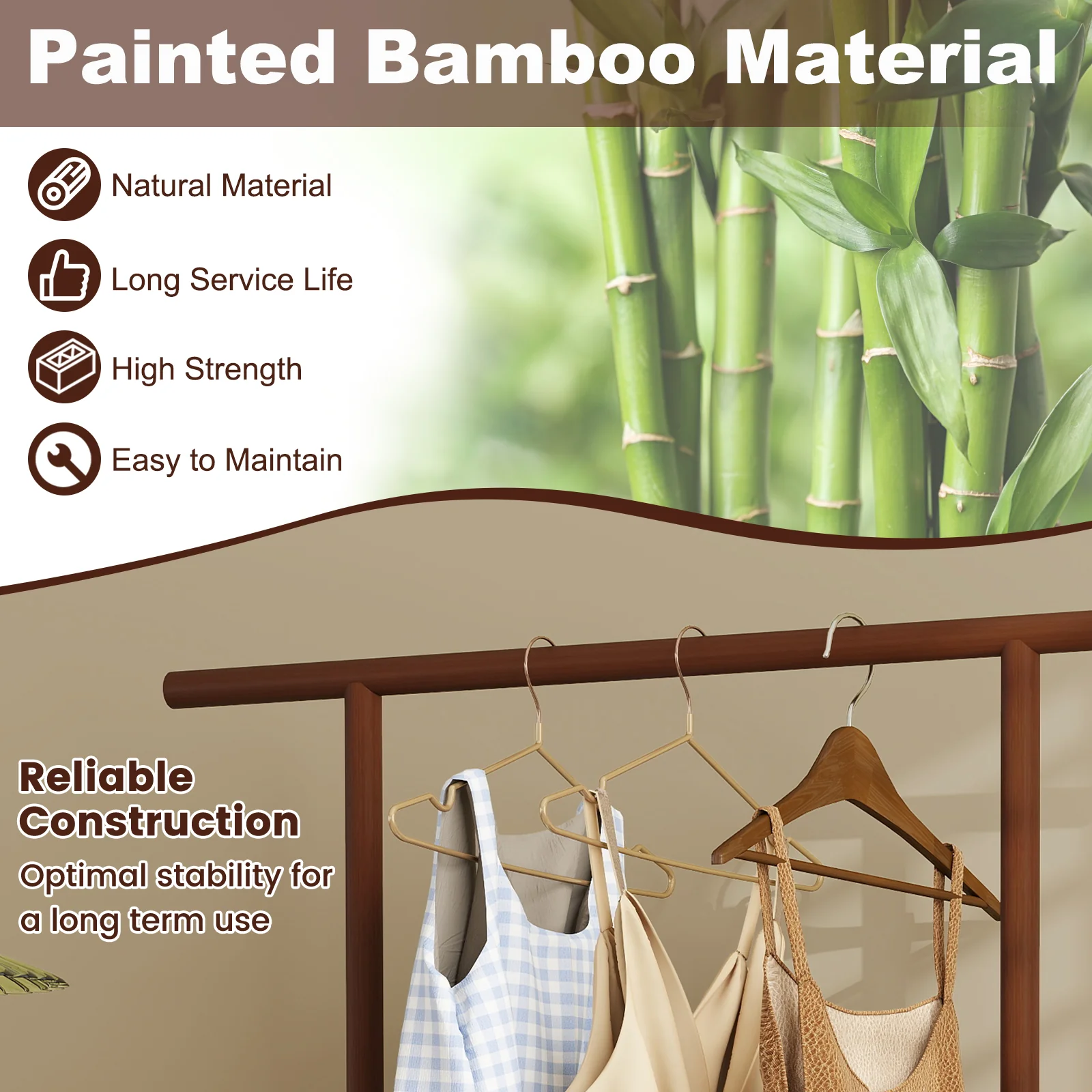 Bamboo Clothes Rack With Rattan Storage Basket, Wheels, Brown - Image 9