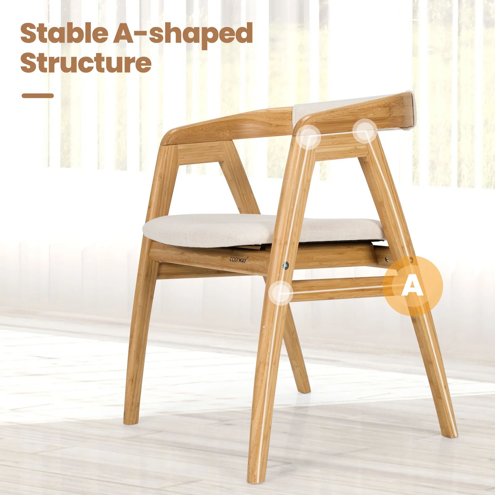 Bamboo Dining Chair, Curved Back, Anti-Slip Foot Pads, Natural - Image 10