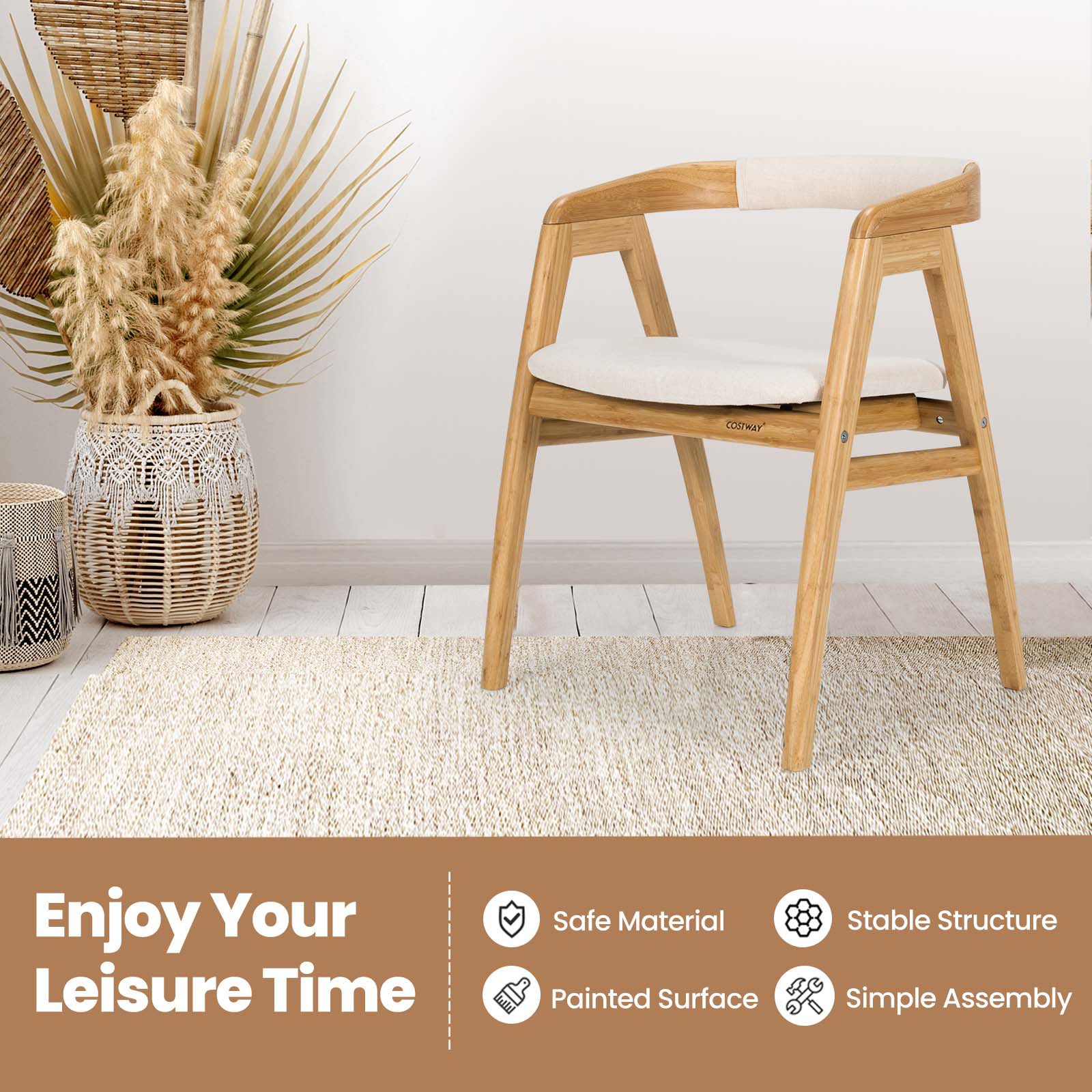 Bamboo Dining Chair, Curved Back, Anti-Slip Foot Pads, Natural - Image 8