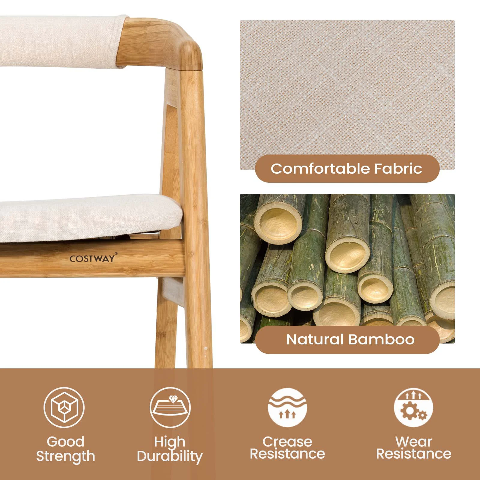 Bamboo Dining Chair, Curved Back, Anti-Slip Foot Pads, Natural - Image 9