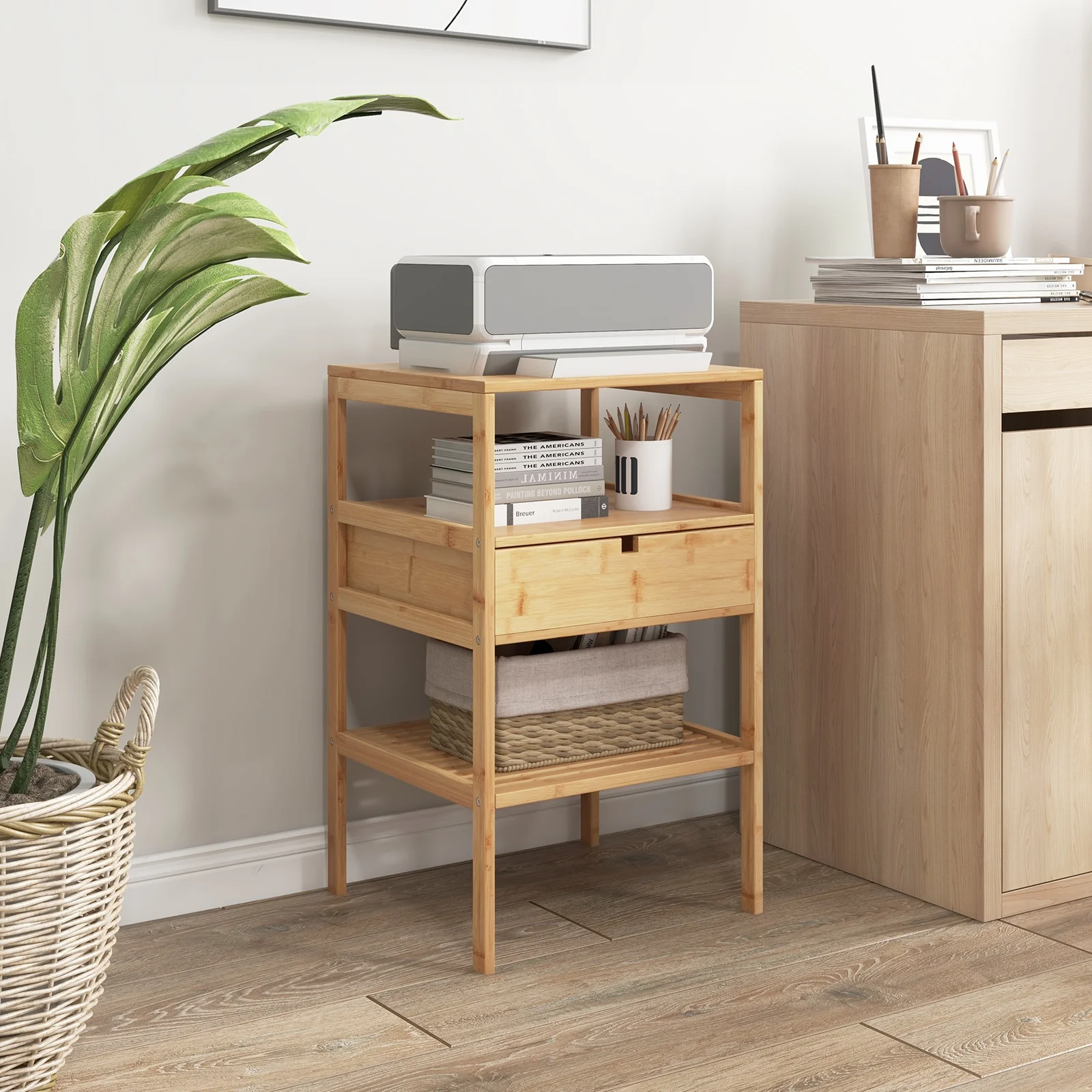 Bamboo End Table Set, 2 Open Shelves, Drawer, Natural - Image 2