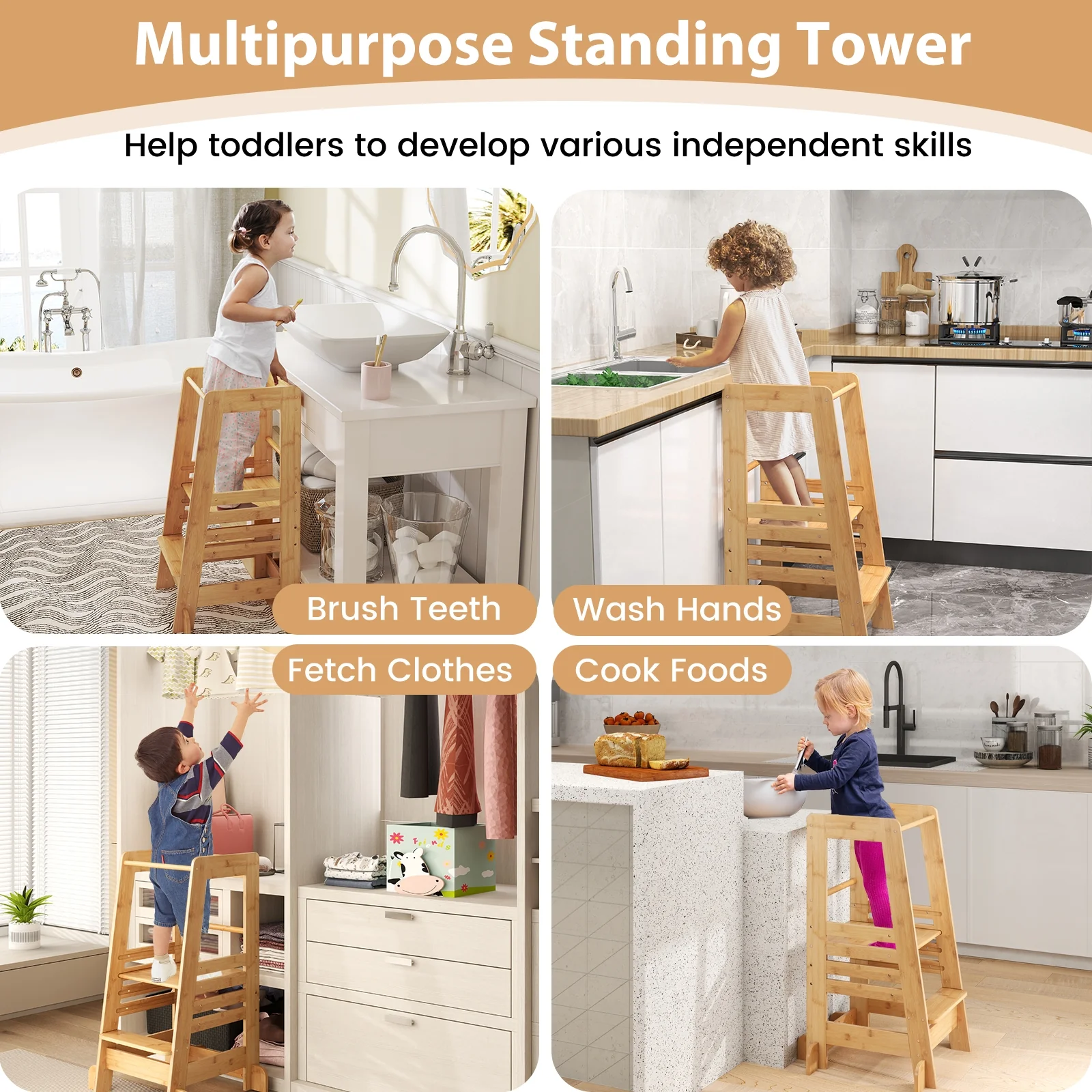 Bamboo Kids Kitchen Step Stool, Adjustable Height, Safety Rails, Natural - Image 10