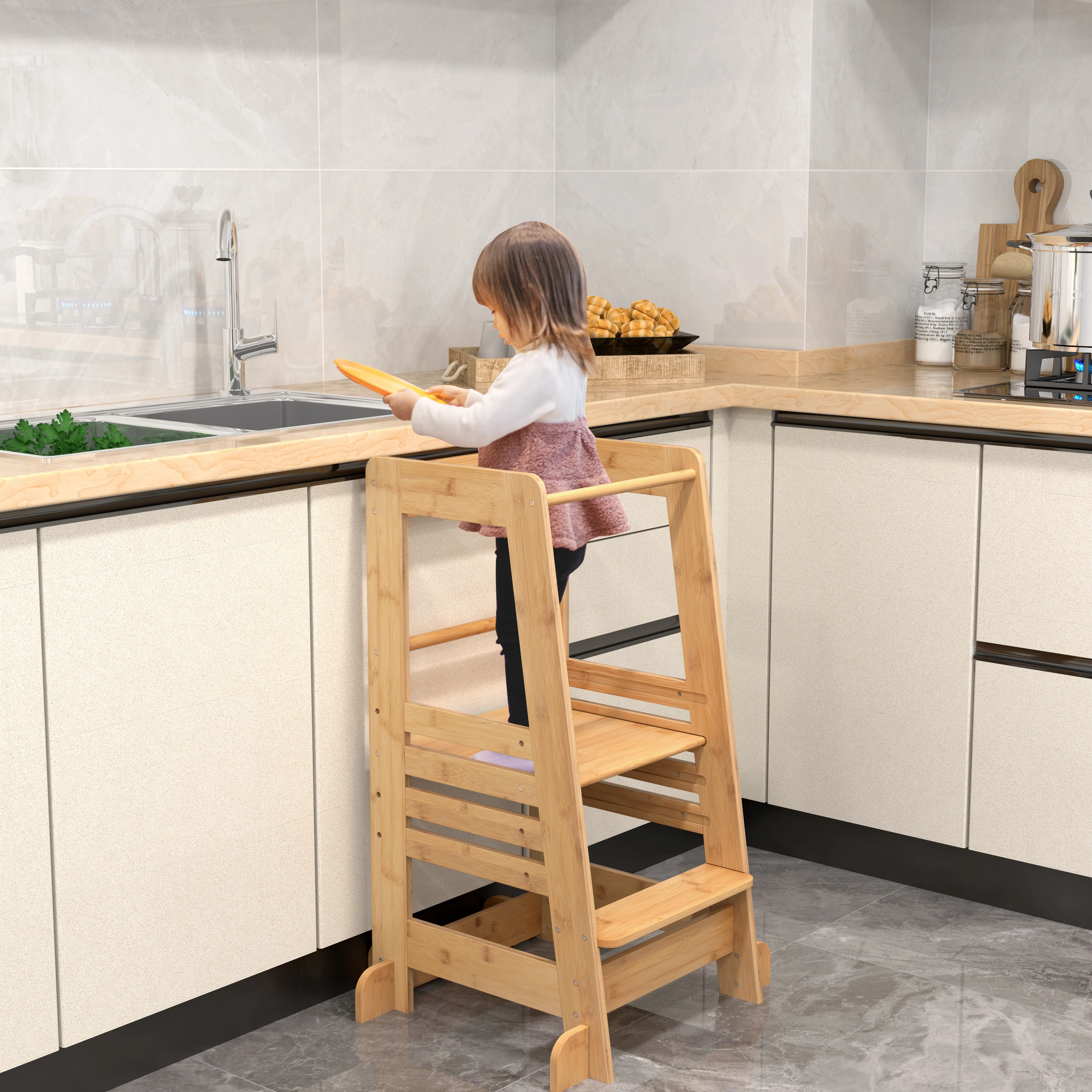 Bamboo Kids Kitchen Step Stool, Adjustable Height, Safety Rails, Natural - Image 2