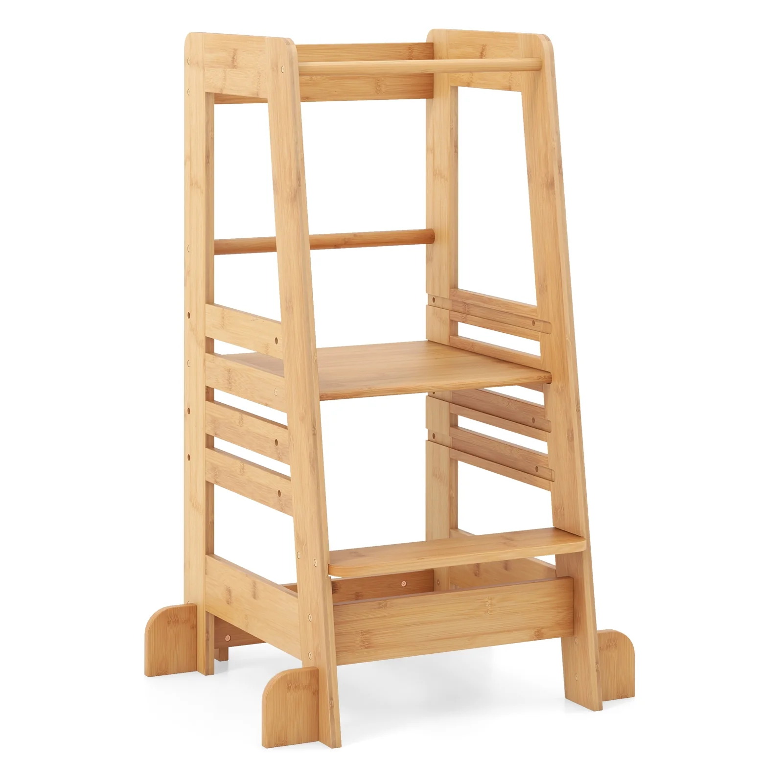 Bamboo Kids Kitchen Step Stool, Adjustable Height, Safety Rails, Natural - Image 4