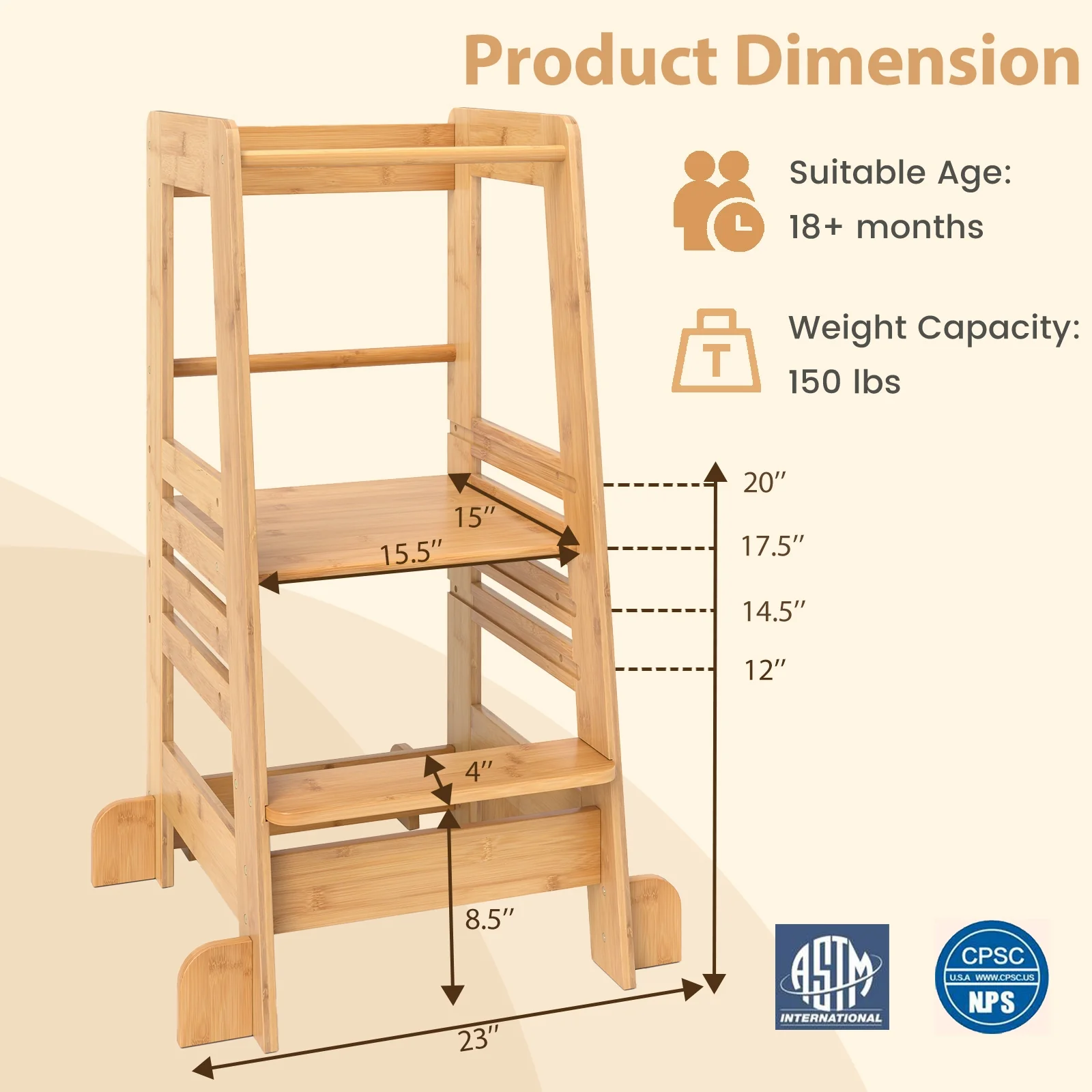 Bamboo Kids Kitchen Step Stool, Adjustable Height, Safety Rails, Natural - Image 5