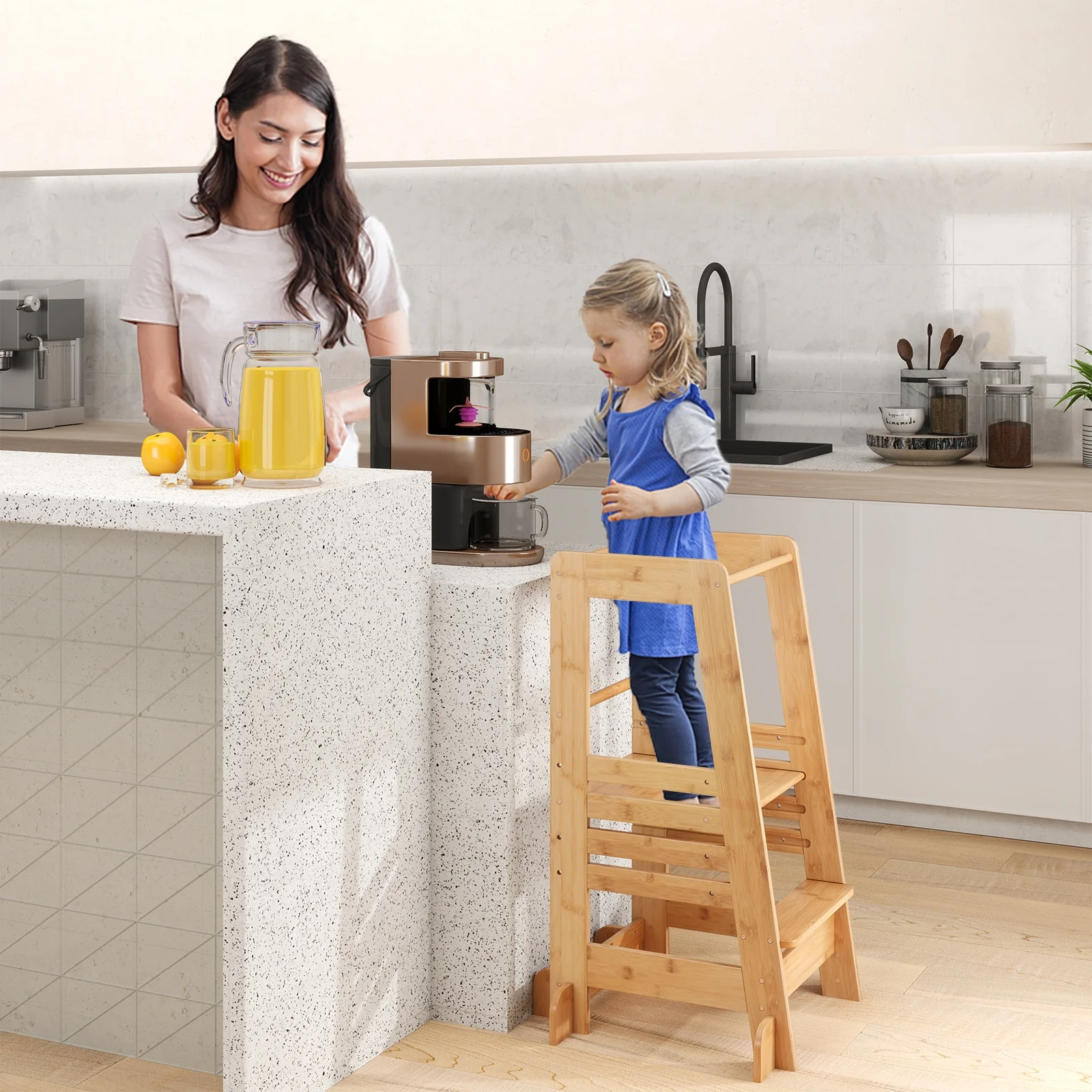 Bamboo Kids Kitchen Step Stool, Adjustable Height, Safety Rails, Natural - Image 6