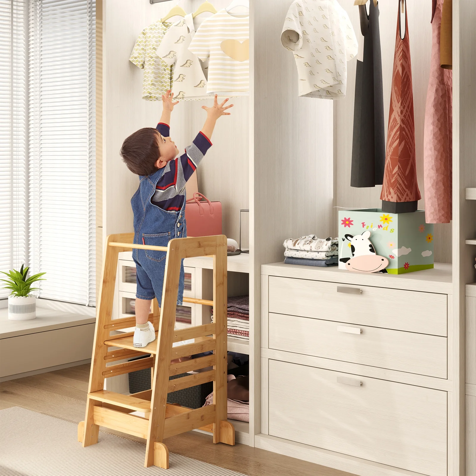 Bamboo Kids Kitchen Step Stool, Adjustable Height, Safety Rails, Natural - Image 7