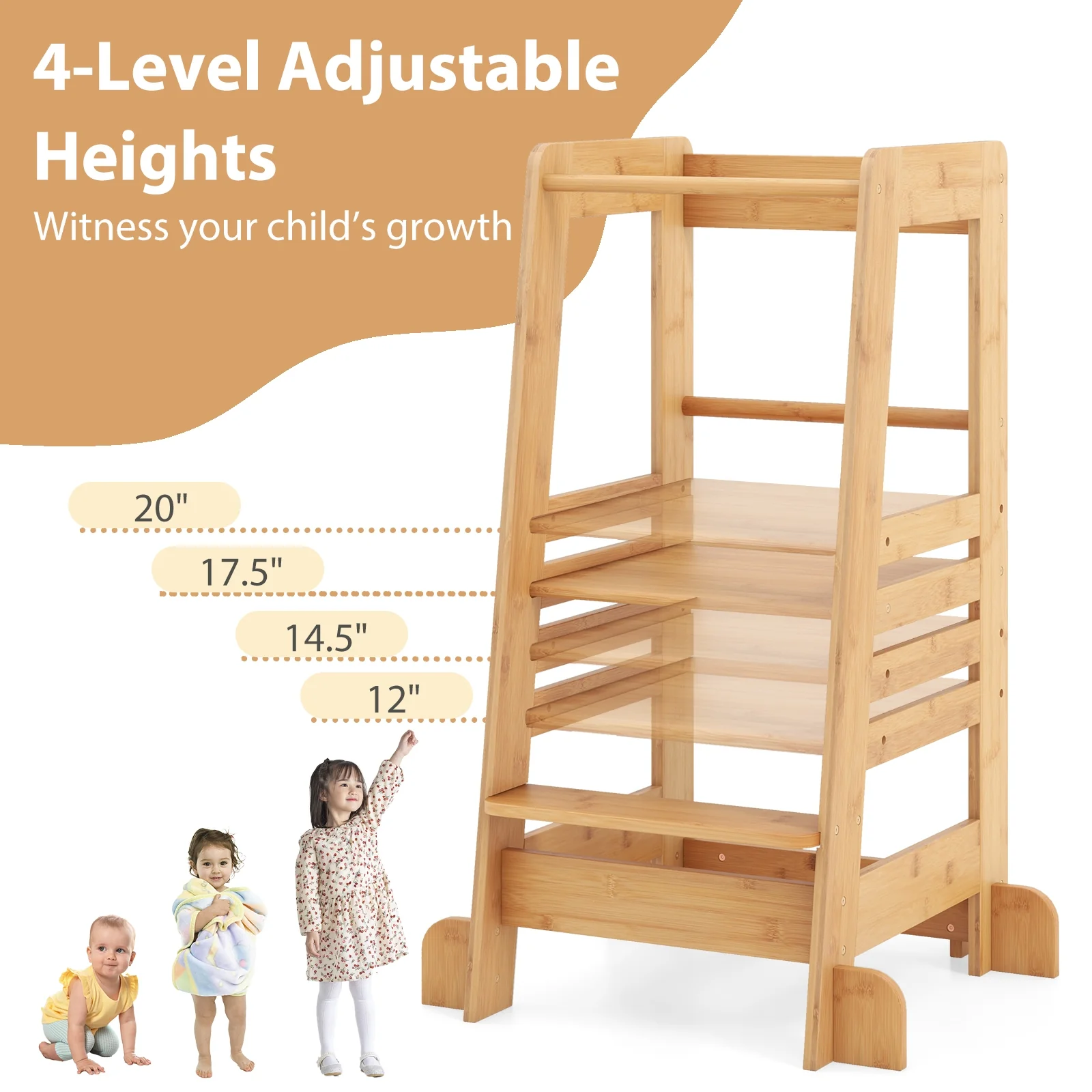 Bamboo Kids Kitchen Step Stool, Adjustable Height, Safety Rails, Natural - Image 8
