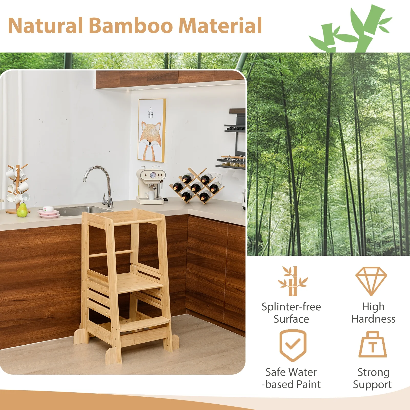 Bamboo Kids Kitchen Step Stool, Adjustable Height, Safety Rails, Natural - Image 9