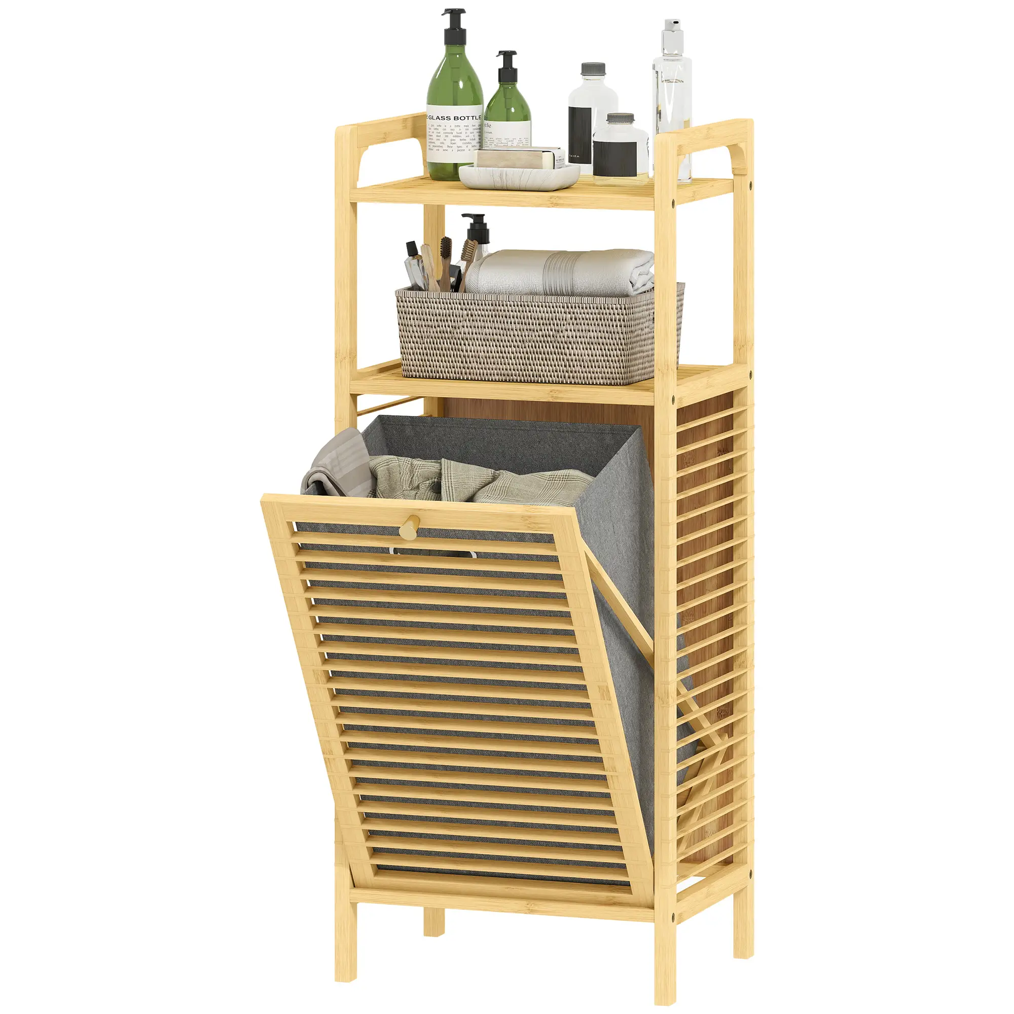 Bamboo Laundry Cabinet, Tilt Out Hamper with Basket, Natural