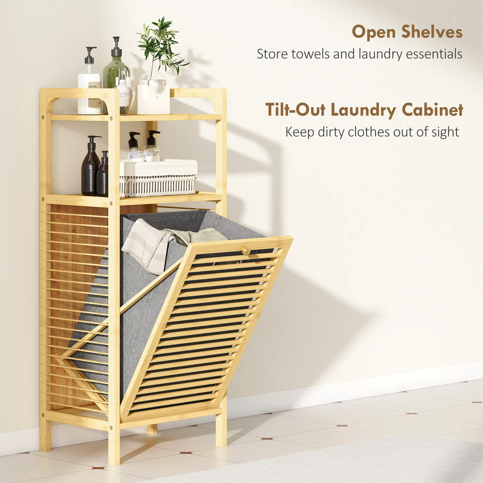 Bamboo Laundry Cabinet, Tilt Out Hamper with Basket, Natural - Image 4