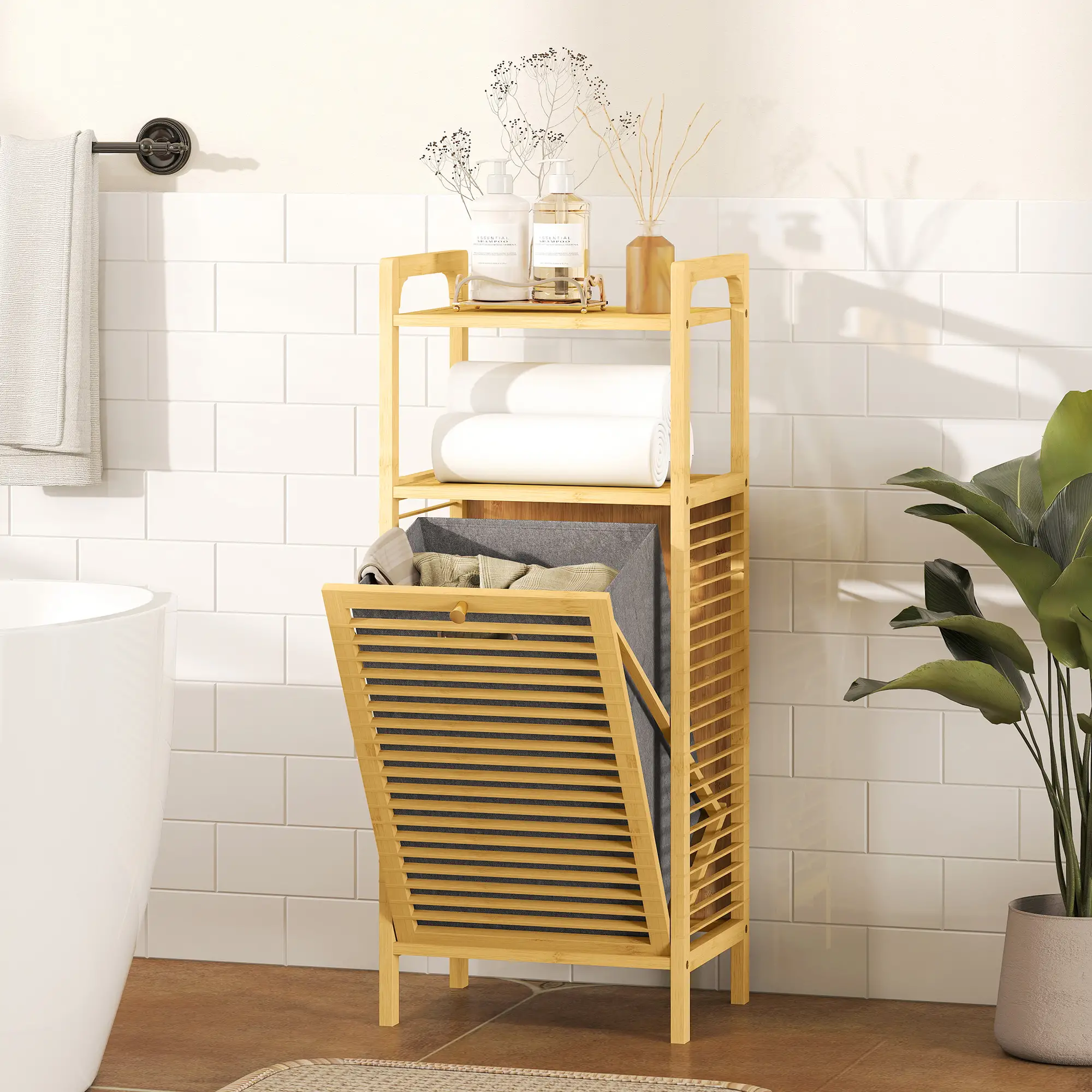 Bamboo Laundry Cabinet, Tilt Out Hamper with Basket, Natural - Image 8