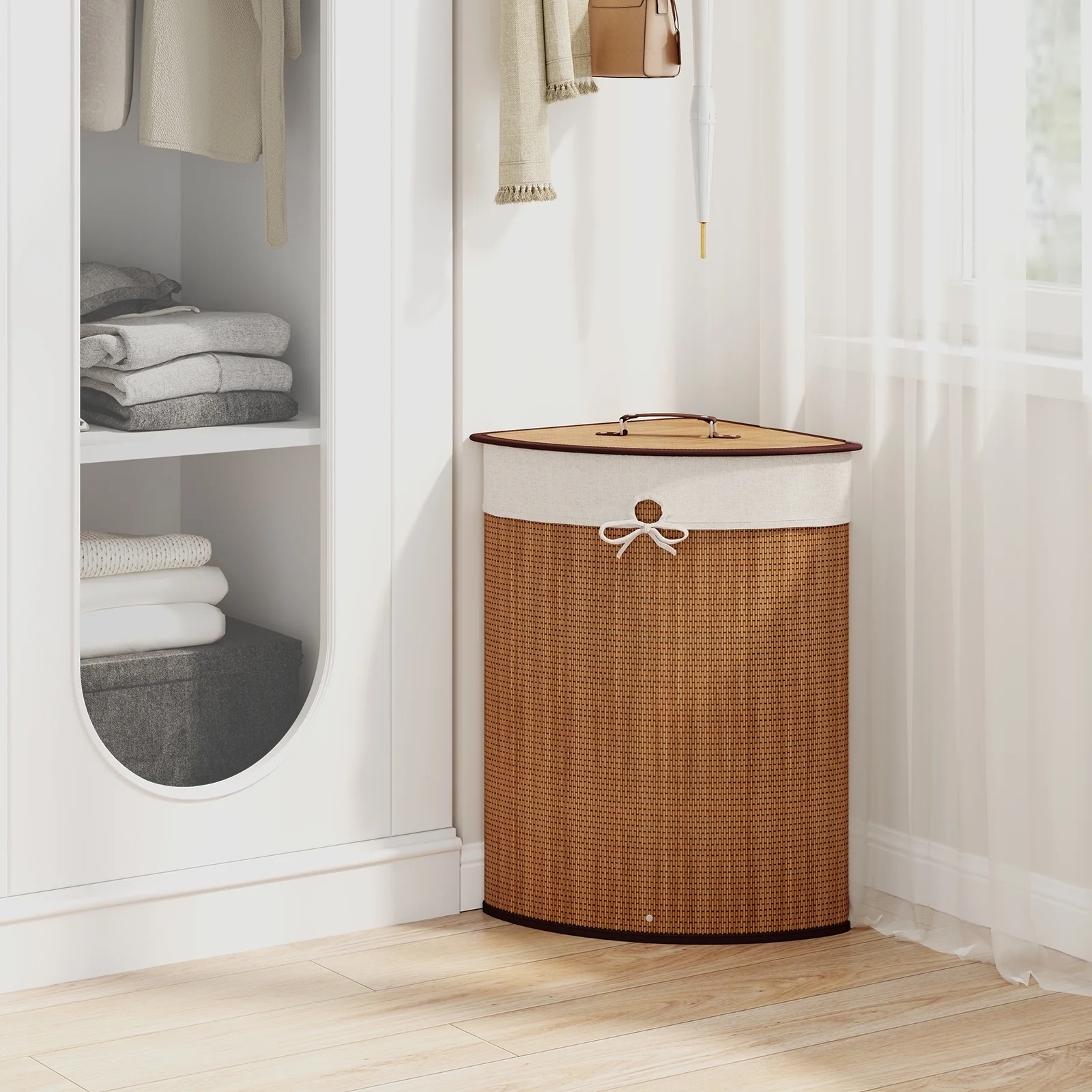 Bamboo Laundry Hamper Basket, With Lid And Removable Liner Bag, Yellow - Image 3