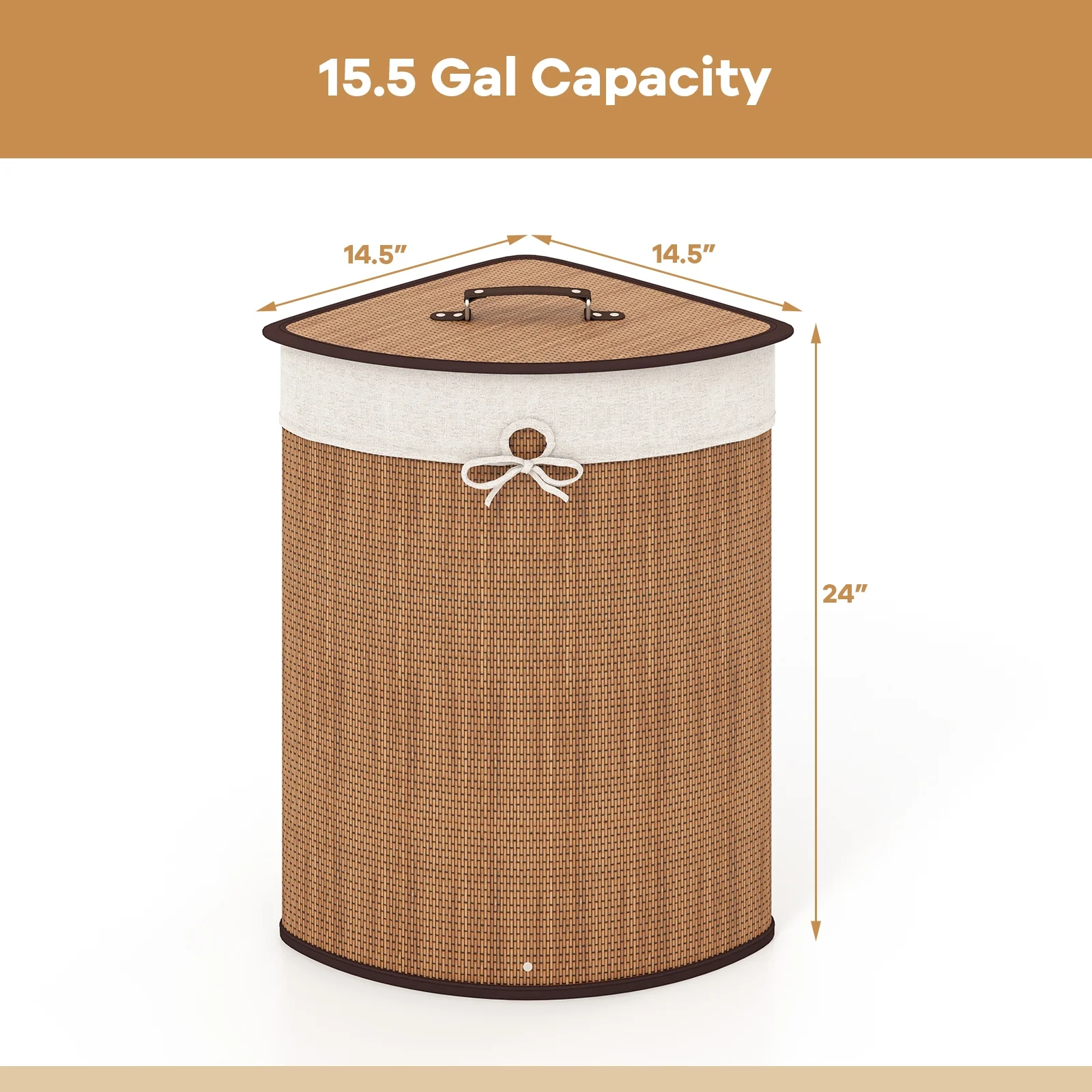 Bamboo Laundry Hamper Basket, With Lid And Removable Liner Bag, Yellow - Image 5