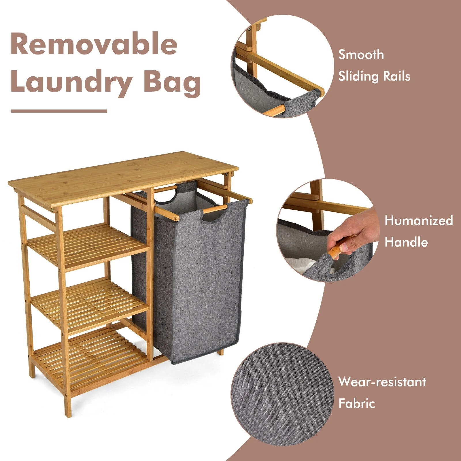 Bamboo Laundry Hamper, Removable Sliding Bag, 3-Tier Shelves, Natural - Image 8