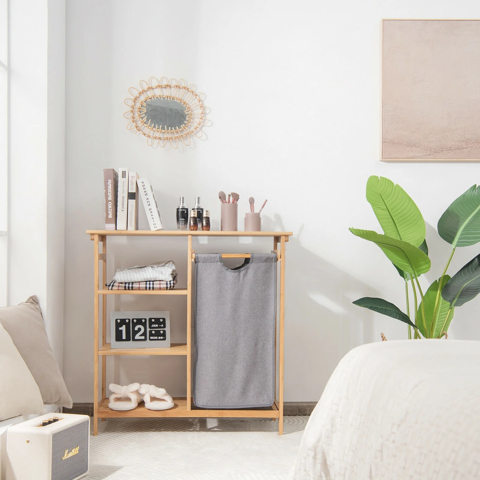 Bamboo Laundry Hamper, Removable Sliding Bag, 3-Tier Shelves, Natural - Image 9