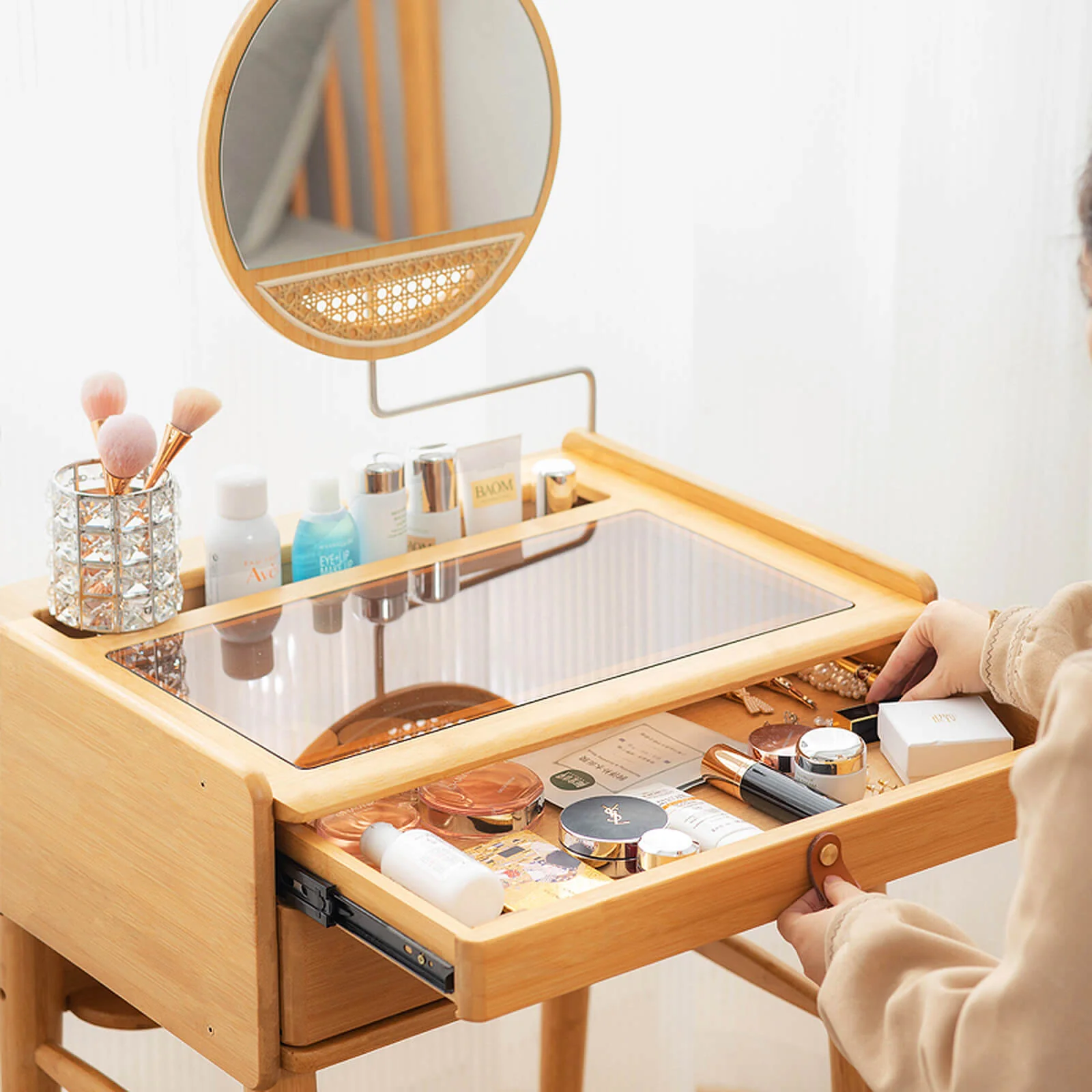 Bamboo Makeup Vanity Table With Stool, Rotating Mirror, Natural - Image 10