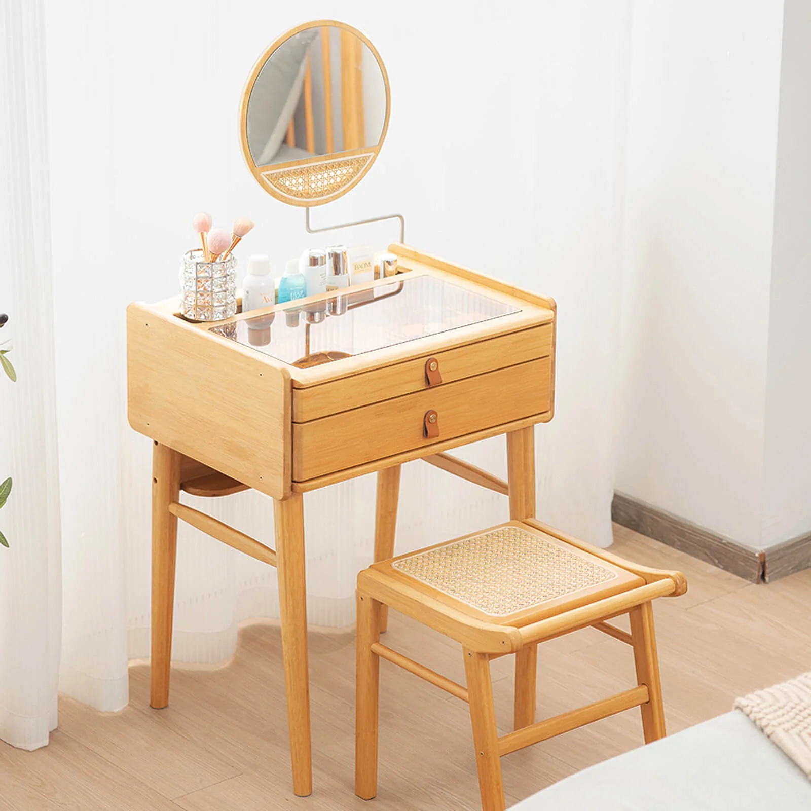 Bamboo Makeup Vanity Table With Stool, Rotating Mirror, Natural - Image 2